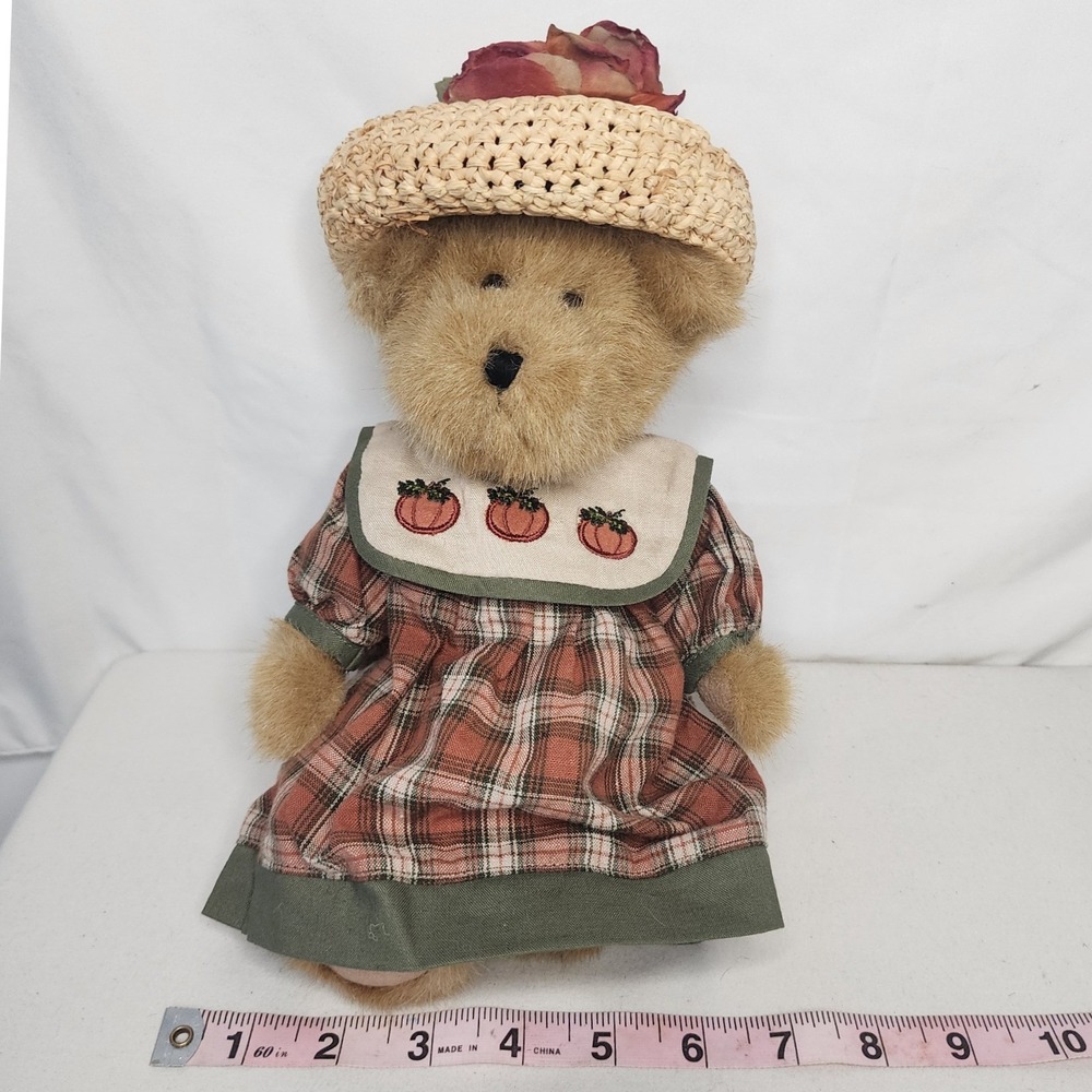 Boyds Bears The Head Bean Collection Plaid Dress Straw Hat Plush 919827 11in